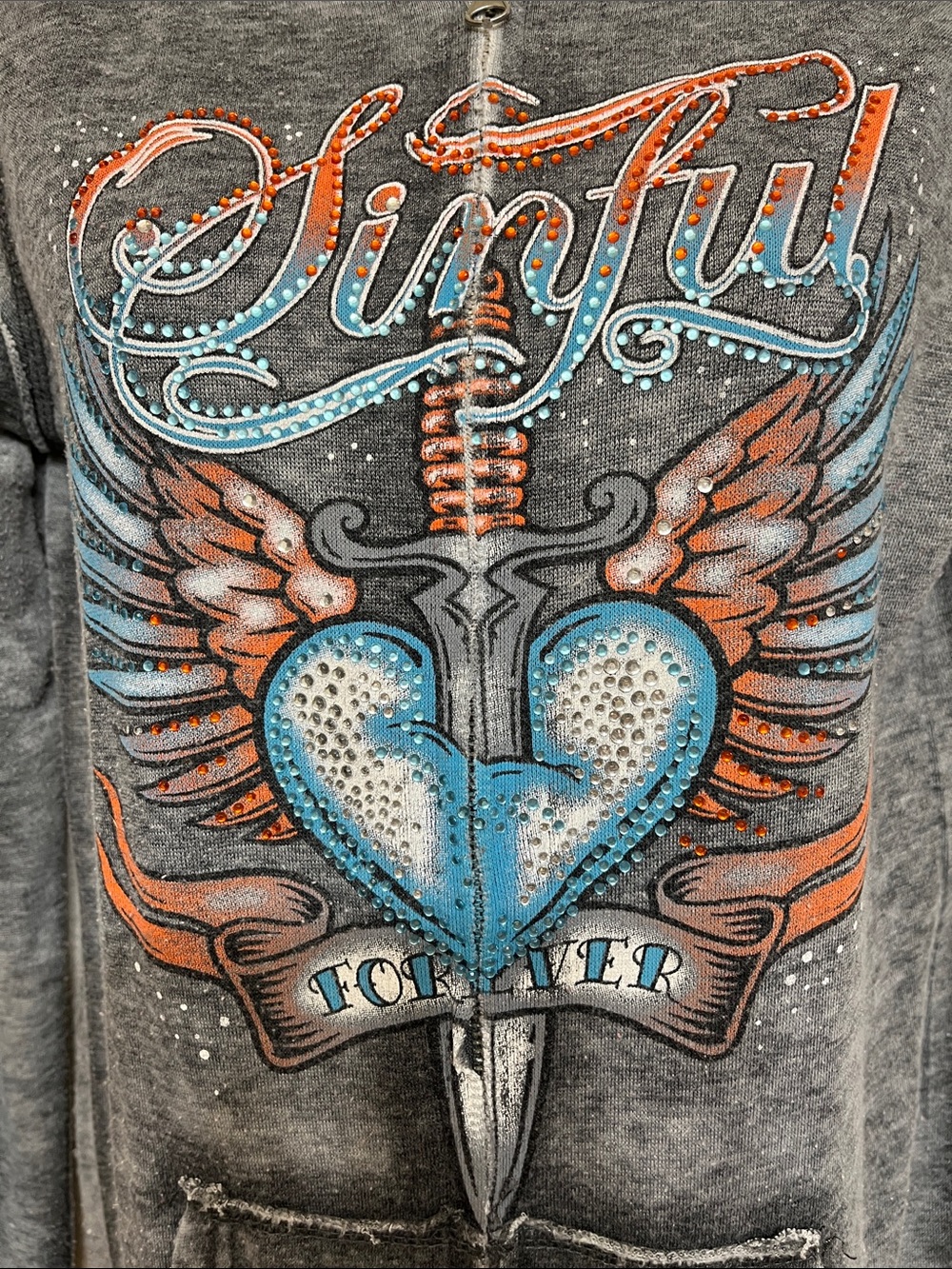 πͺ½β€οΈπ€ππͺ½SINFUL Gray Zip-Up Hoodie with Blue & Orange Winged Heart Graphicβ€οΈπͺ½π€πͺ½ππͺ½ - Picture 3 of 10